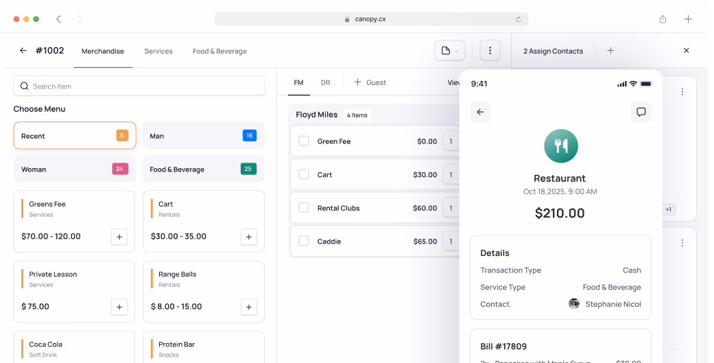 Restaurant ordering interface showing menu items, cart with $210.00 total, and food & beverage category selection
