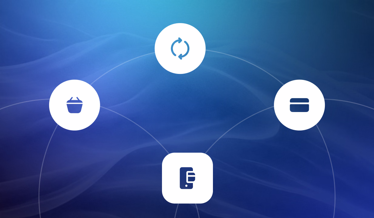 Connected network diagram showing shopping cart, exchange, minus sign, and card icons linked to central node on blue background