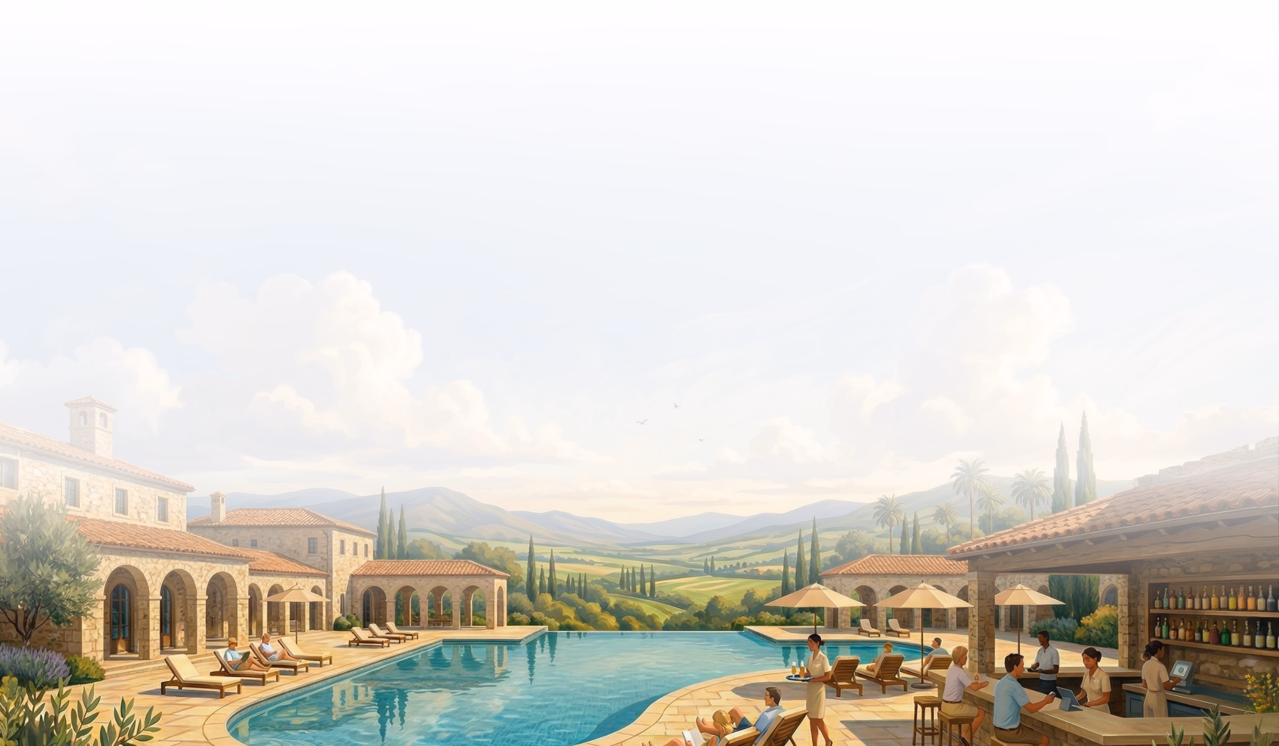 Luxurious Mediterranean-style resort with swimming pool, loungers, arched colonnades, cypress trees, and rolling hills