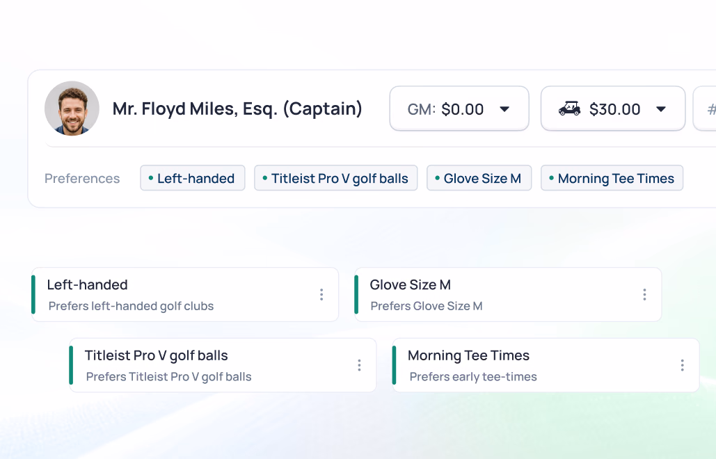 Mr. Floyd Miles, Esq. (Captain) golfer profile with preferences including left-handed clubs, Titleist Pro V balls, glove size M, and morning tee times