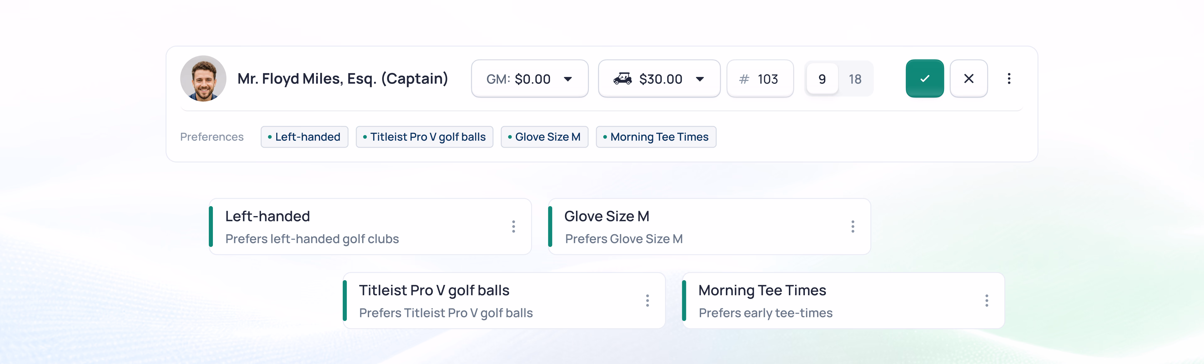 Golf product categories displayed including Left Handed, Trishot Pro 9 Giftable, Glove Size M, and Morning Tee Times