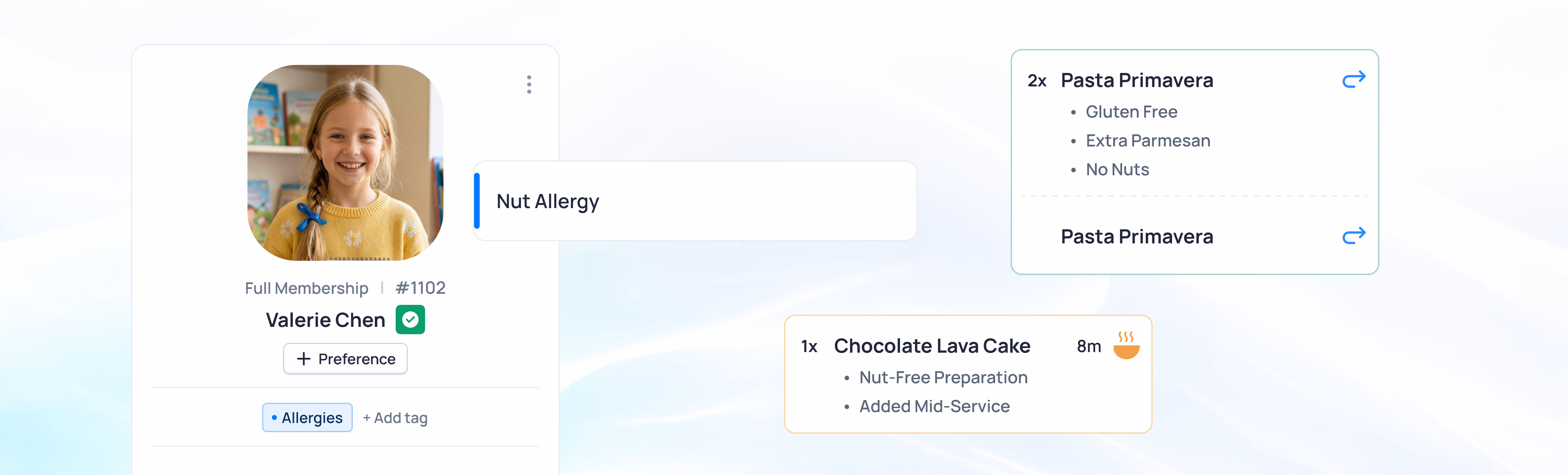 Profile of Valerie Chen with "Not Allergy" label and pasta/chocolate menu options displayed
