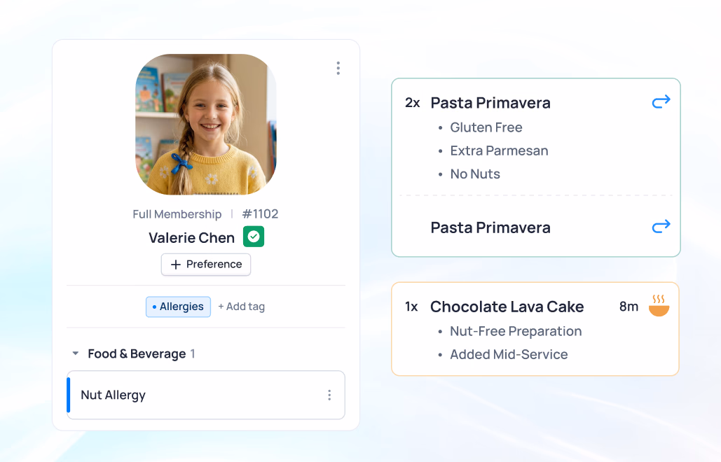 Profile of Valerie Chen with food preferences showing Pasta Primavara and Chocolate Lava Cake selections