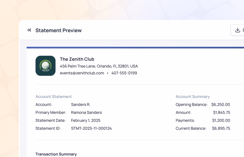 The Zenith Club account statement preview showing opening balance of $6,250.00 and current balance of $6,895.75