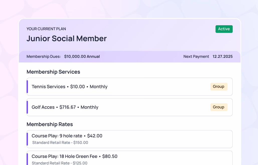 Junior Social Member plan details showing membership dues, services, and course play rates