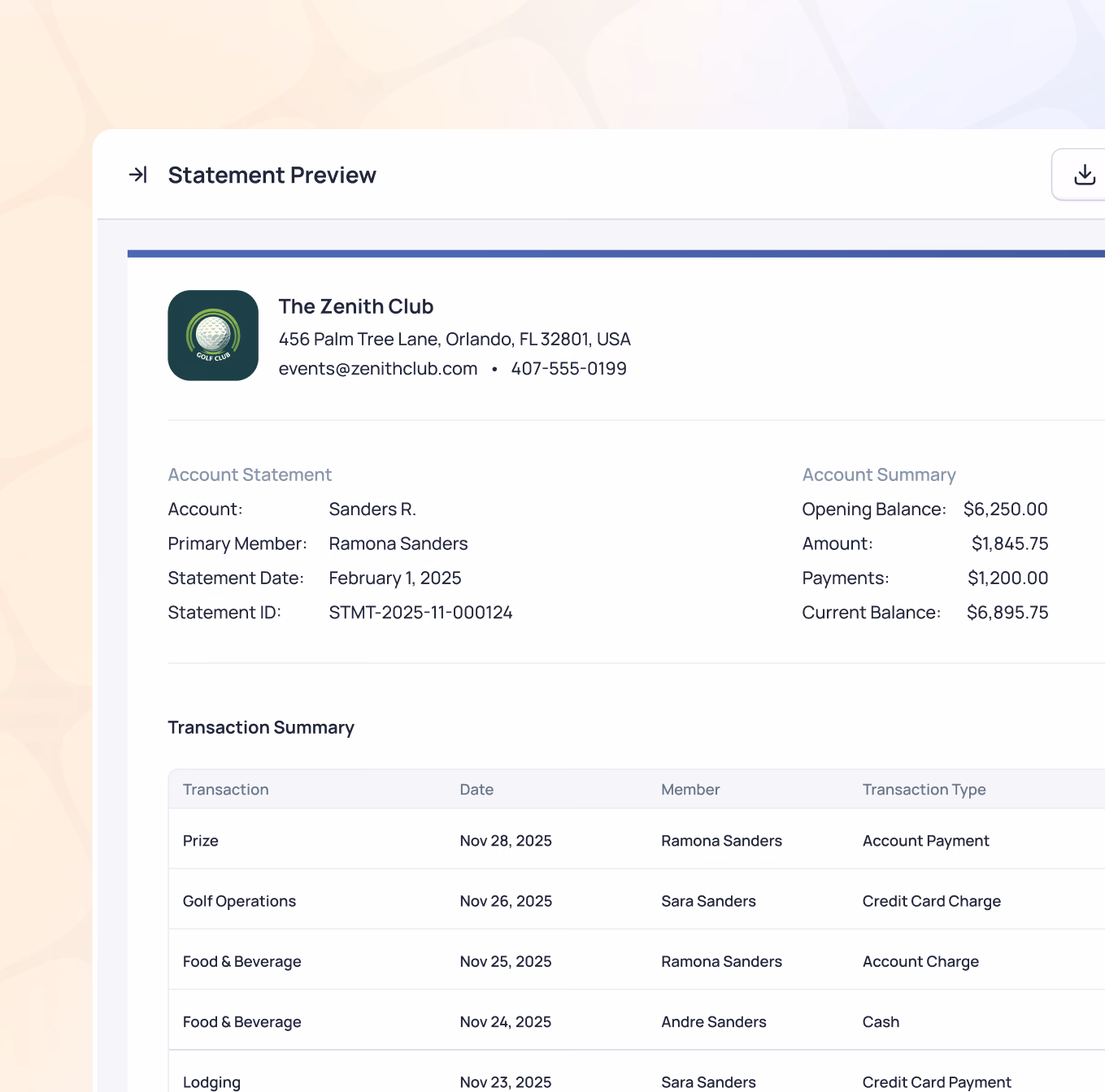 The Zenith Club account statement for Sanders R. showing opening balance of $6,250.00 and current balance of $6,895.75 with transaction summary from November 24, 2025