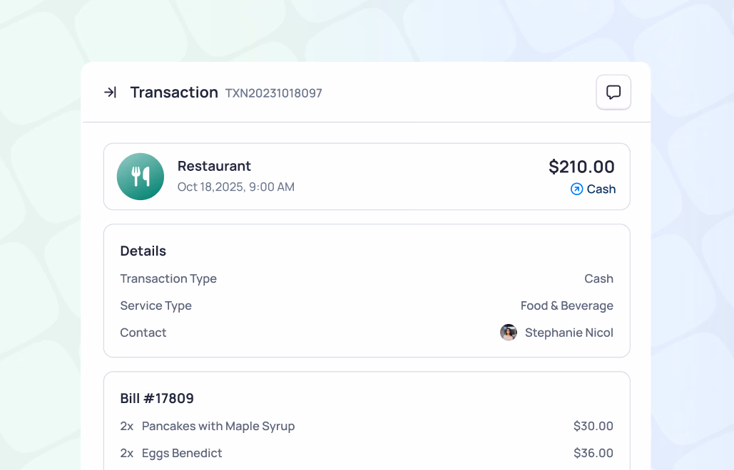 Restaurant transaction receipt showing $210.00 cash payment for pancakes and eggs benedict on Oct 18, 2025