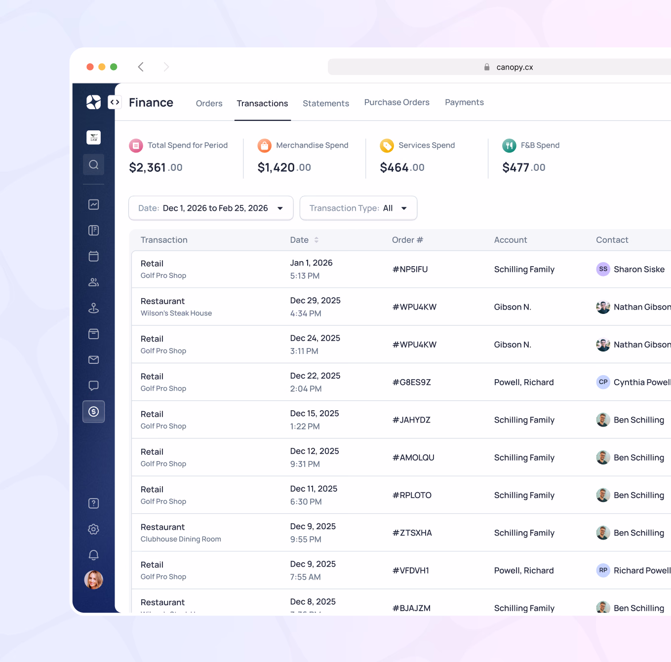 Finance dashboard showing transaction history with spending categories, dates, order numbers, accounts and contacts from Dec 1-29, 2025
