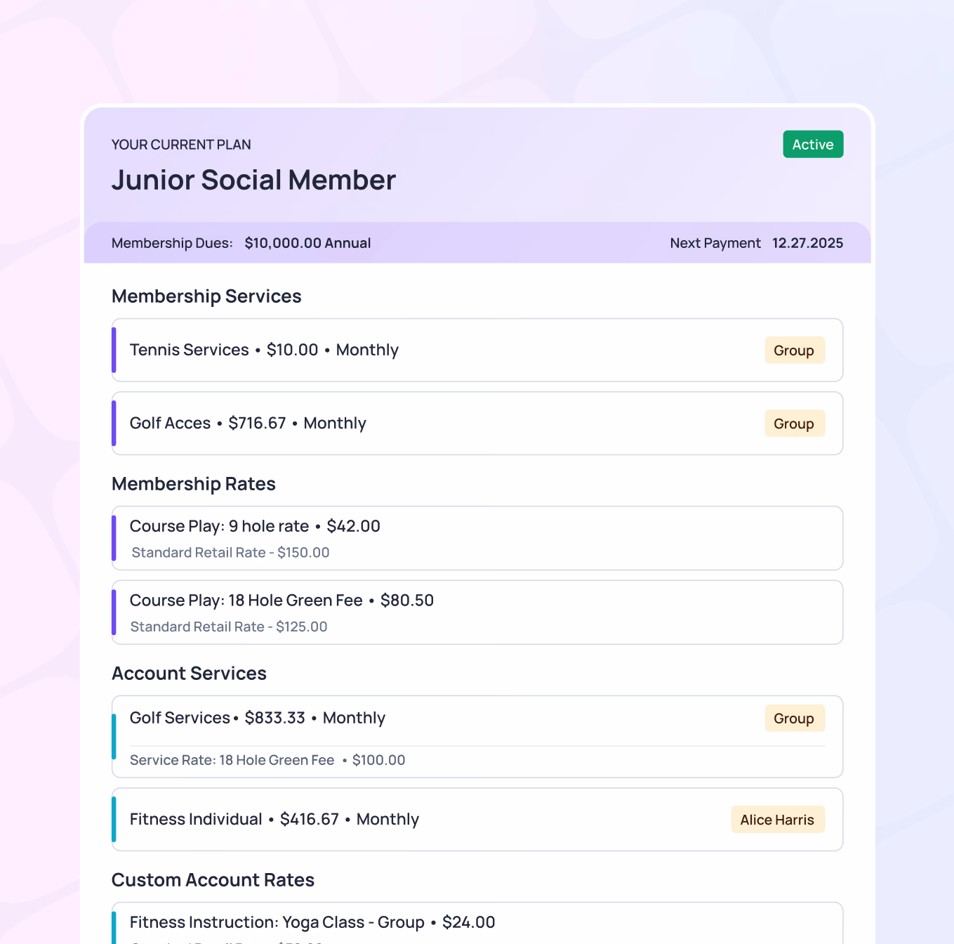 Junior Social Member plan details showing membership dues, services, rates, and account services with pricing information