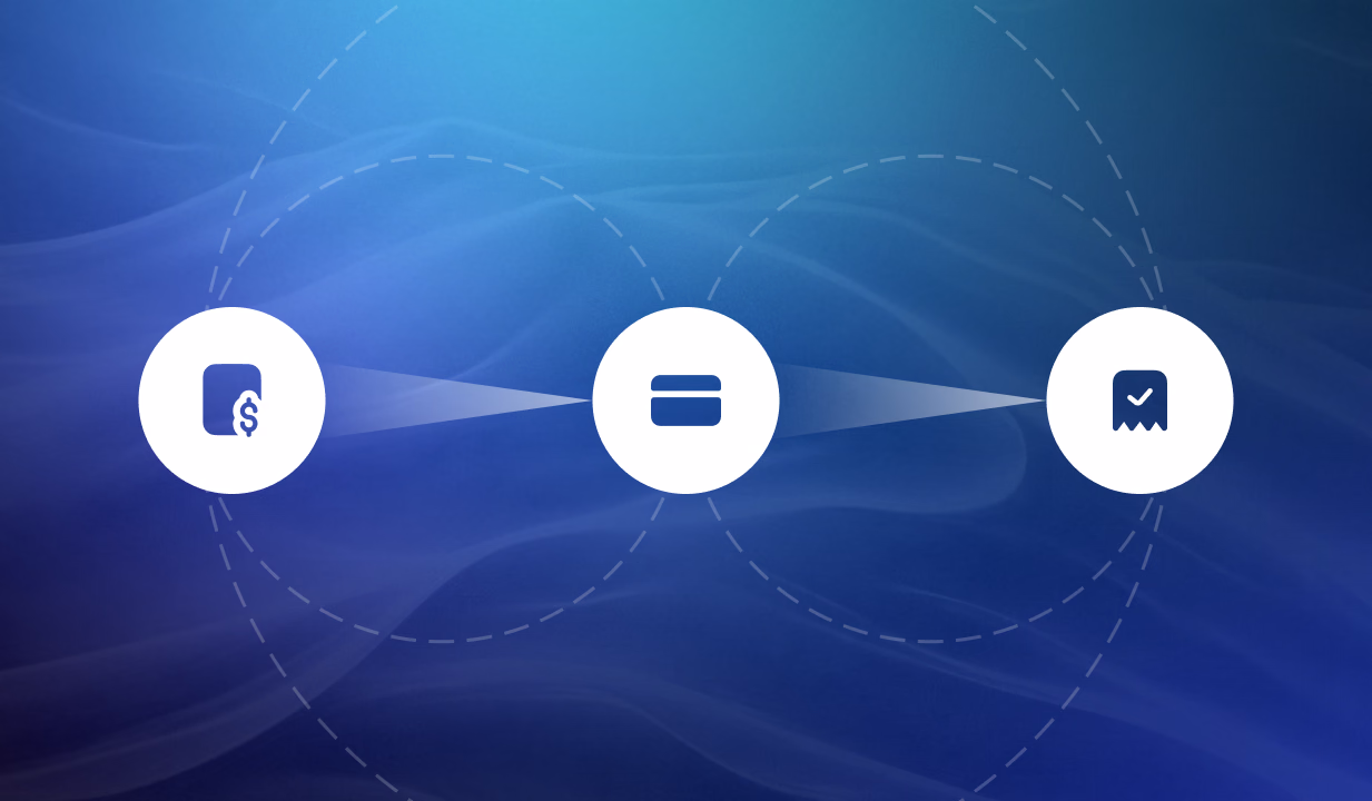 Three connected icons on blue background showing a workflow: document, equals sign, and checkmark