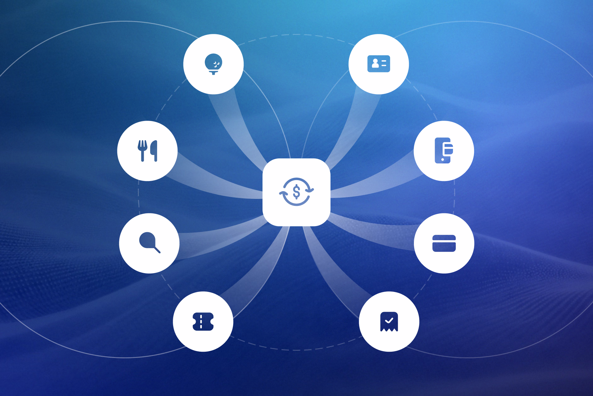 Blue network diagram with dollar sign icon center connected to eight surrounding icons representing financial services and tools