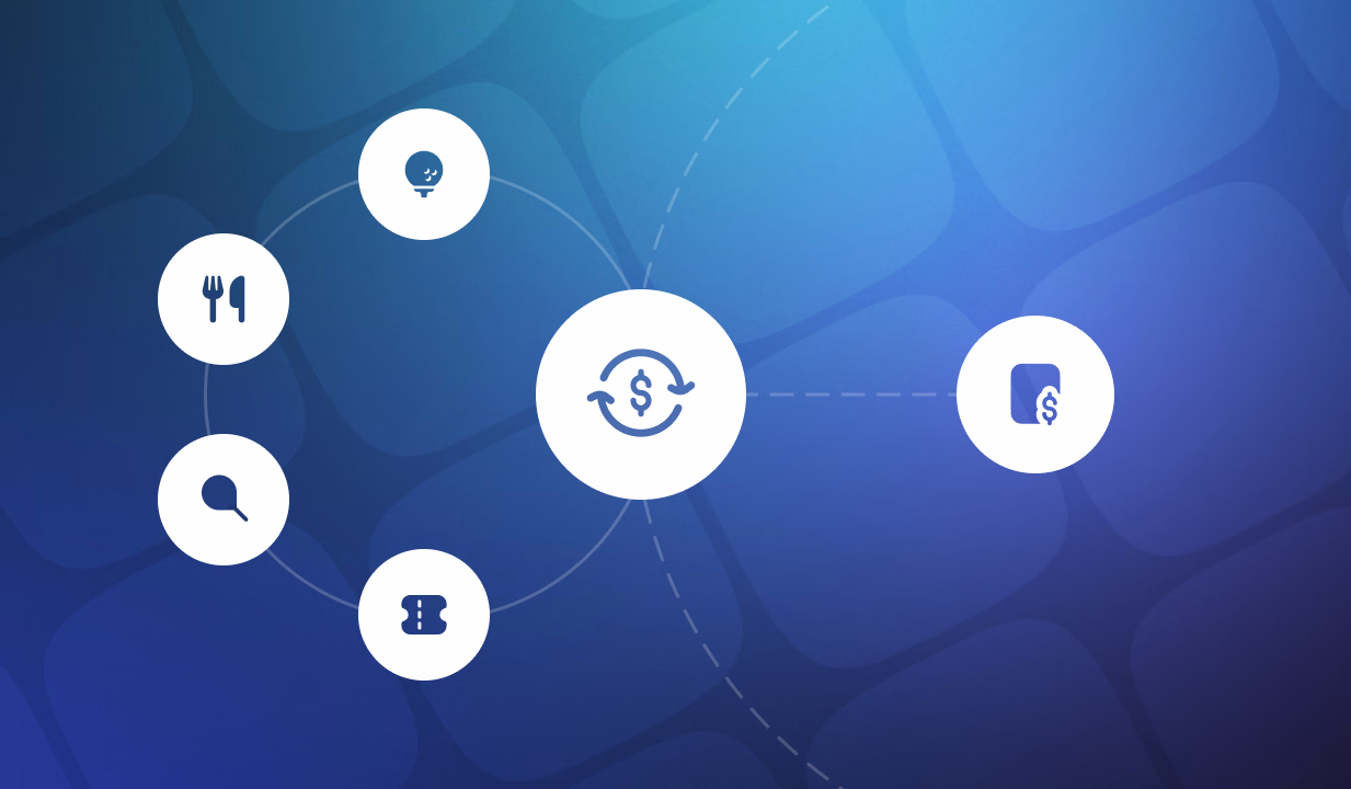 Network diagram with eye icon at center connected to six circular icons representing financial and digital services on blue background
