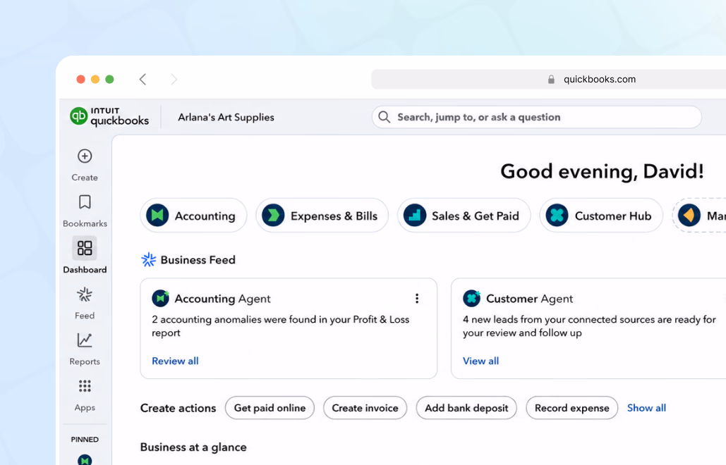 QuickBooks dashboard showing accounting features, business feed alerts, and action buttons for David's account