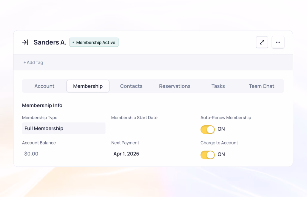 Sanders A membership details showing Full Membership status, $0.00 account balance, and next payment due Apr 1, 2026