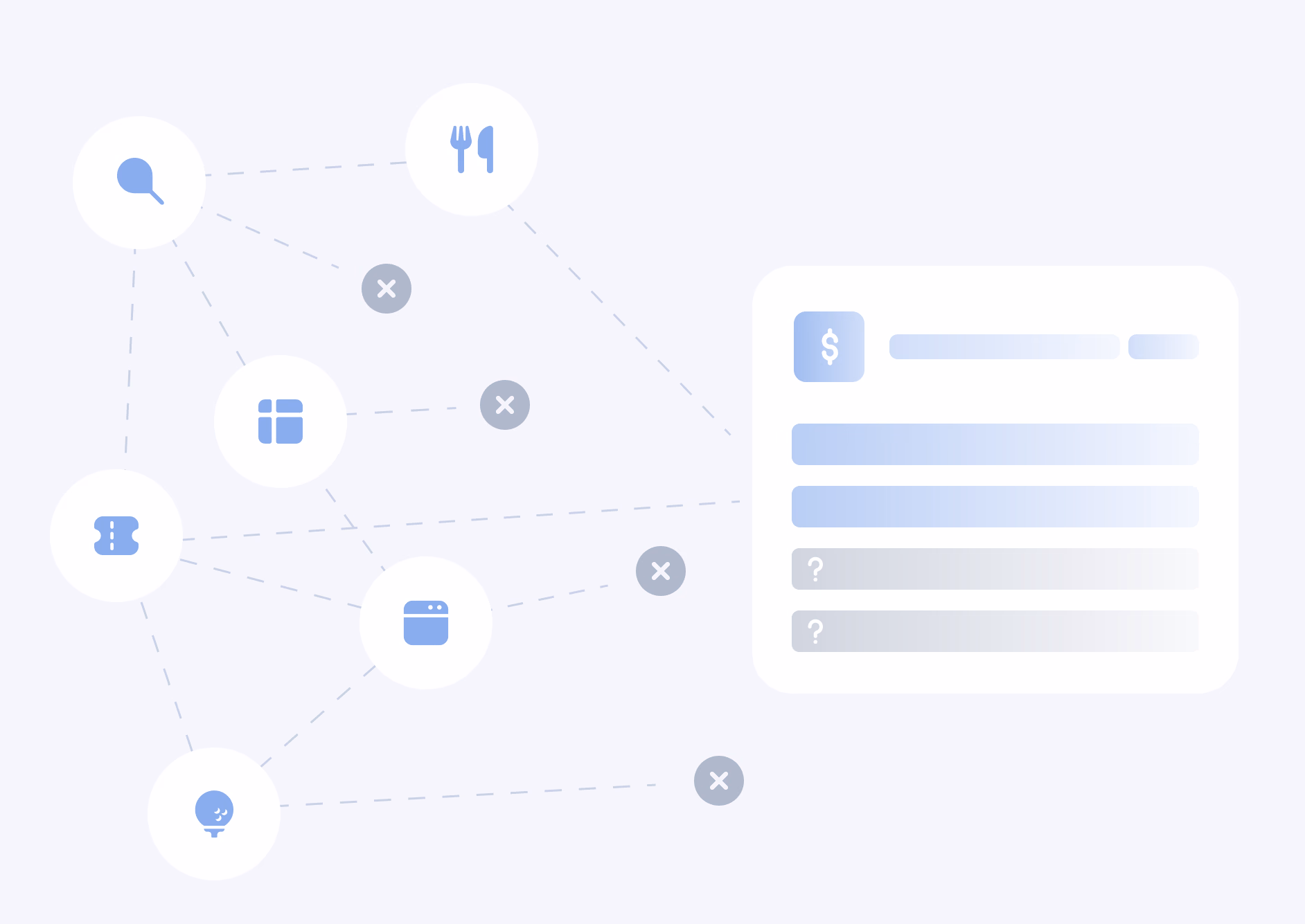 Network diagram with connected icons and a content panel showing a price list on the right side