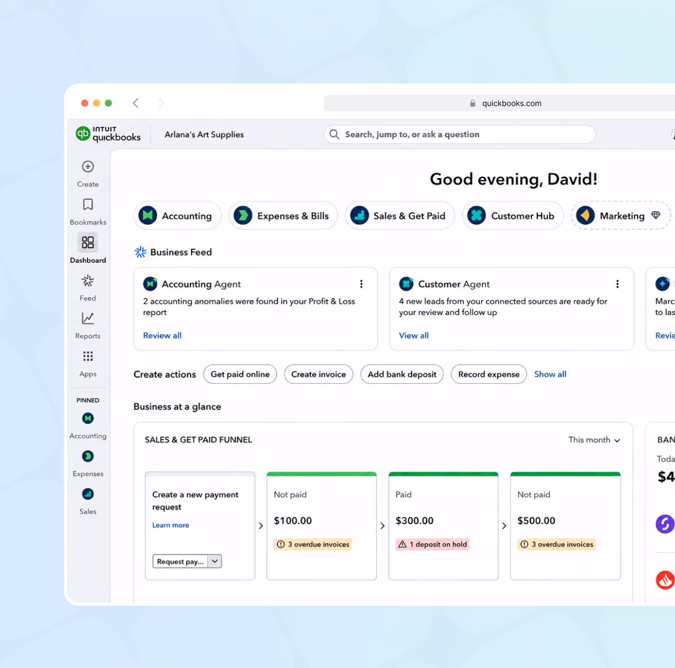 QuickBooks accounting dashboard showing business feed, sales & get paid funnel, and payment request tracking for David