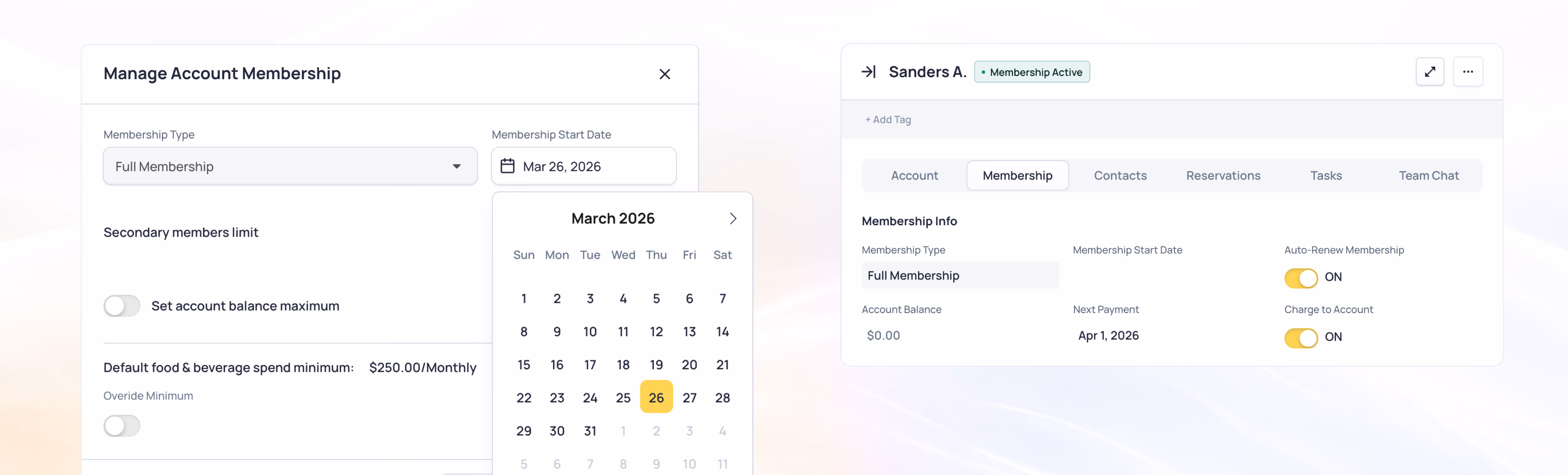Account membership management interface with calendar picker showing March 2025 and membership tier options