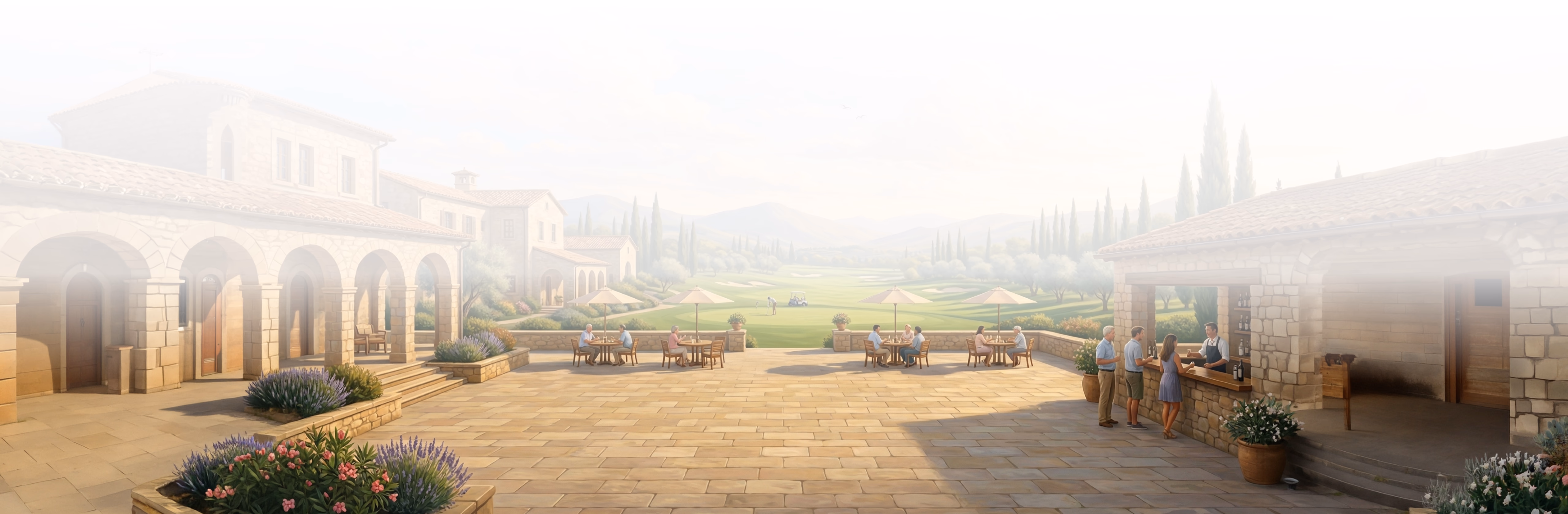 Architectural rendering of a grand classical courtyard with columned galleries overlooking expansive grounds and distant spires