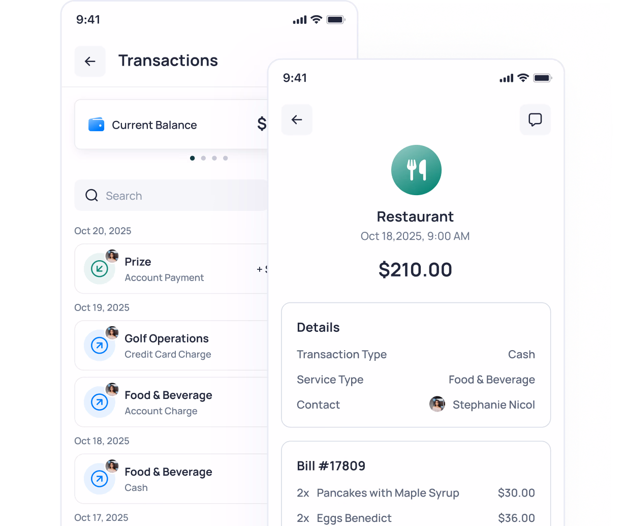 Mobile banking app showing transaction history and restaurant payment details of $210.00 for food and beverage