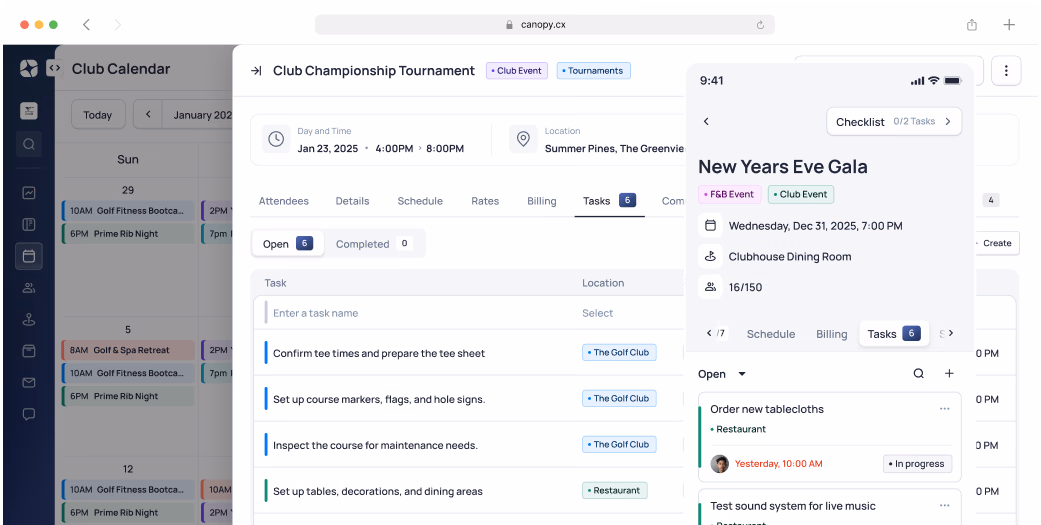 Club event management interface showing calendar, tournament details, and New Years Eve Gala event information with attendee options