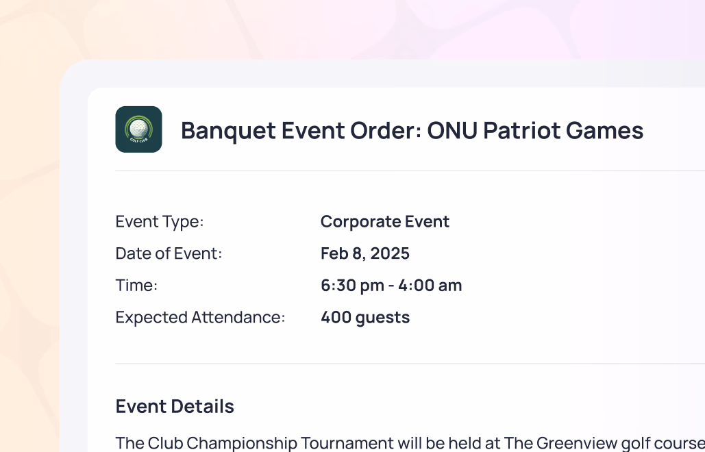 Banquet Event Order form for ONU Patriot Games corporate event on Feb 8, 2025, 6:30 pm - 4:00 am, 400 guests