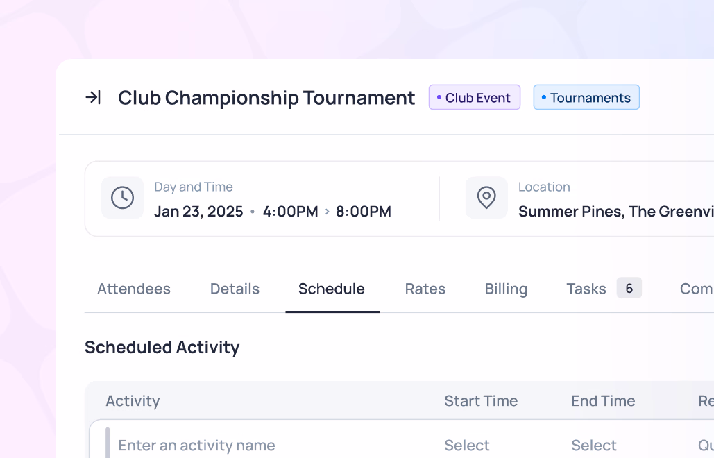 Club Championship Tournament event details page showing date Jan 23, 2025, location, and scheduled activity form