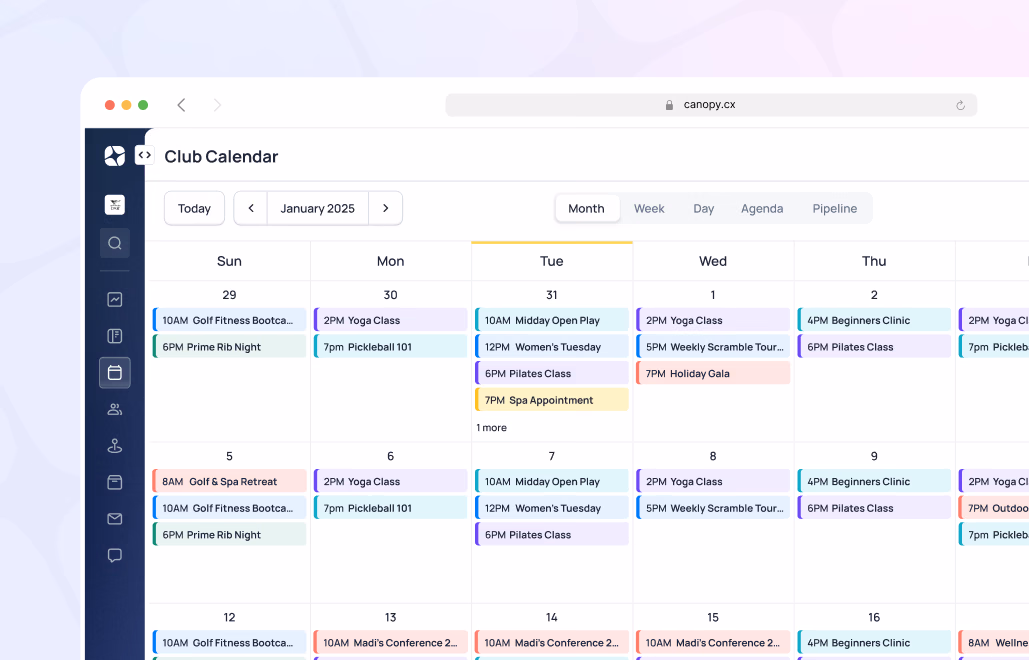 Club Calendar interface showing January 2025 events with daily activities color-coded across multiple categories