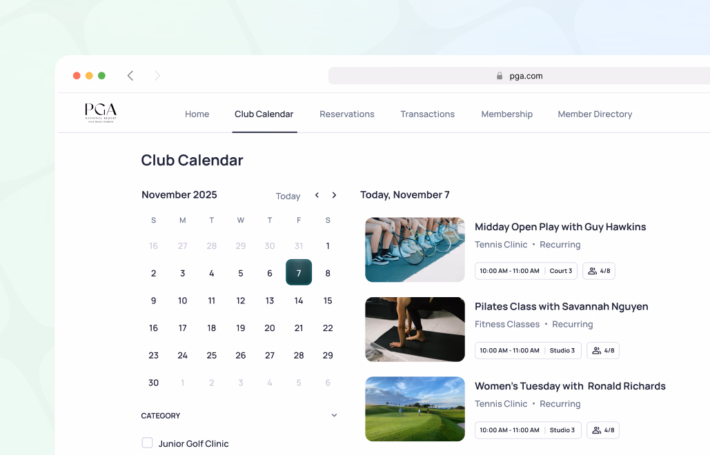 Club Calendar for November 2025 showing upcoming events including tennis, fitness classes, and women's activities