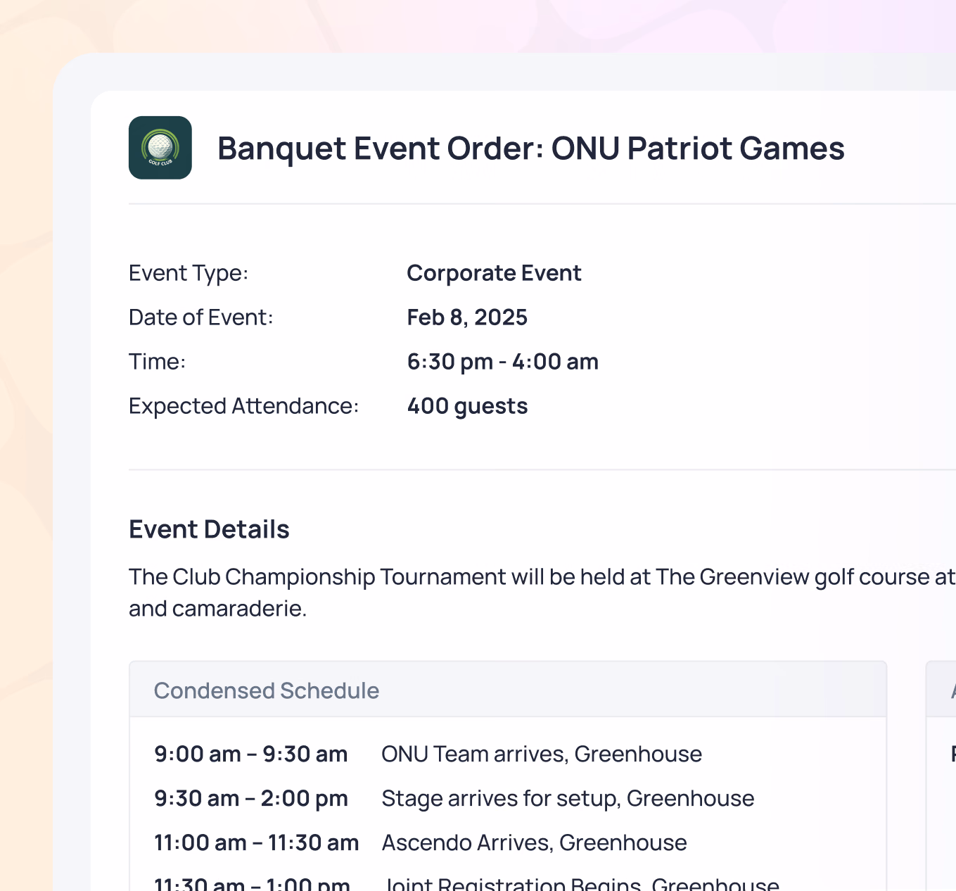 Banquet event order details for ONU Patriot Games on Feb 8, 2025, from 6:30 pm to 4:00 am with 400 guests
