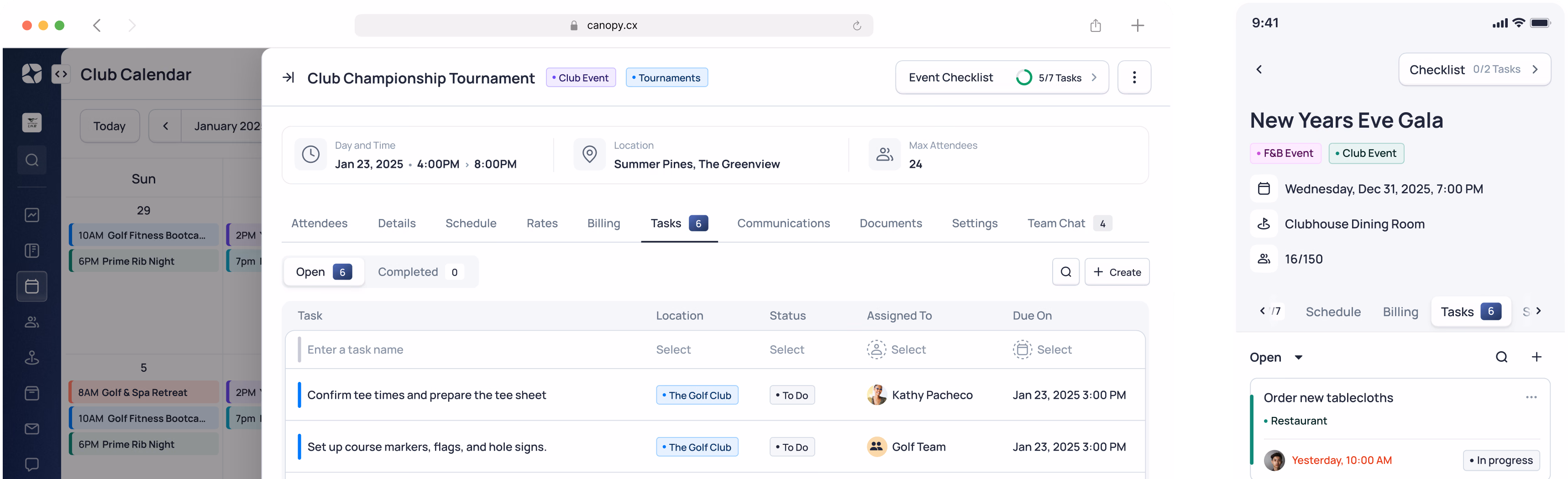 Calendar and event management interface showing tournament scheduling and New Year's Eve Gala event details