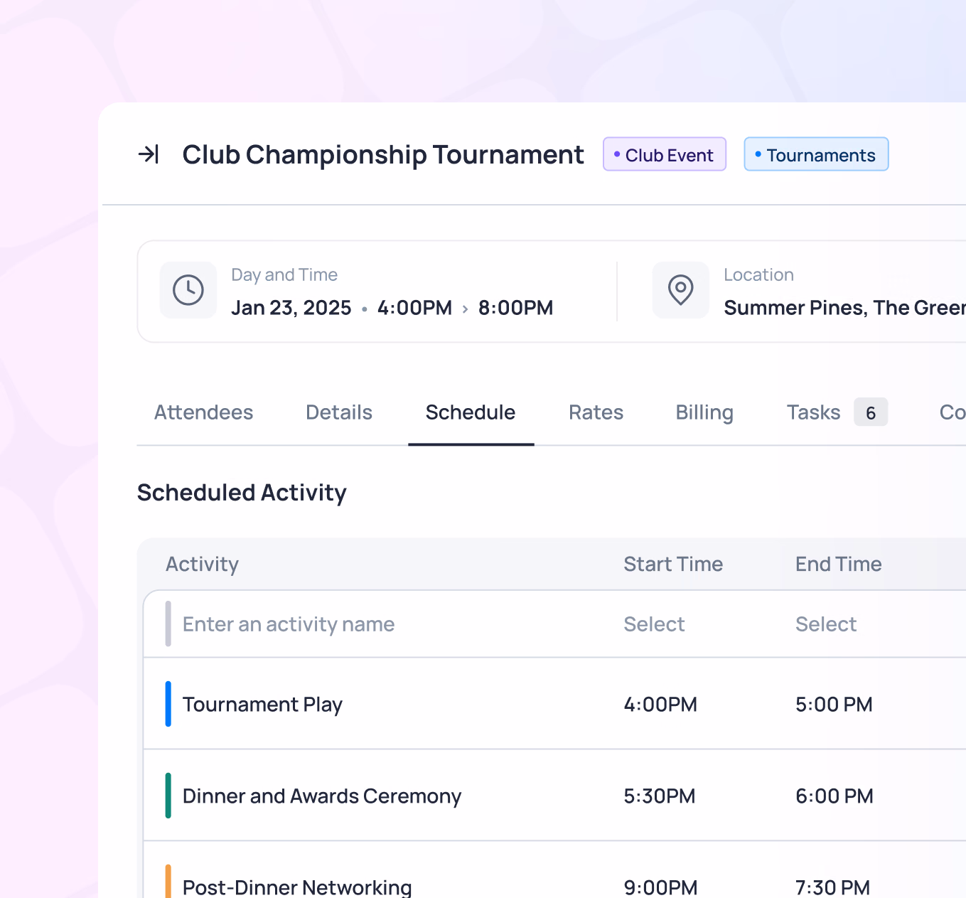 Club Championship Tournament event details showing scheduled activities including Tournament Play, Dinner and Awards Ceremony, and Post-Dinner Networking on Jan 23, 2025