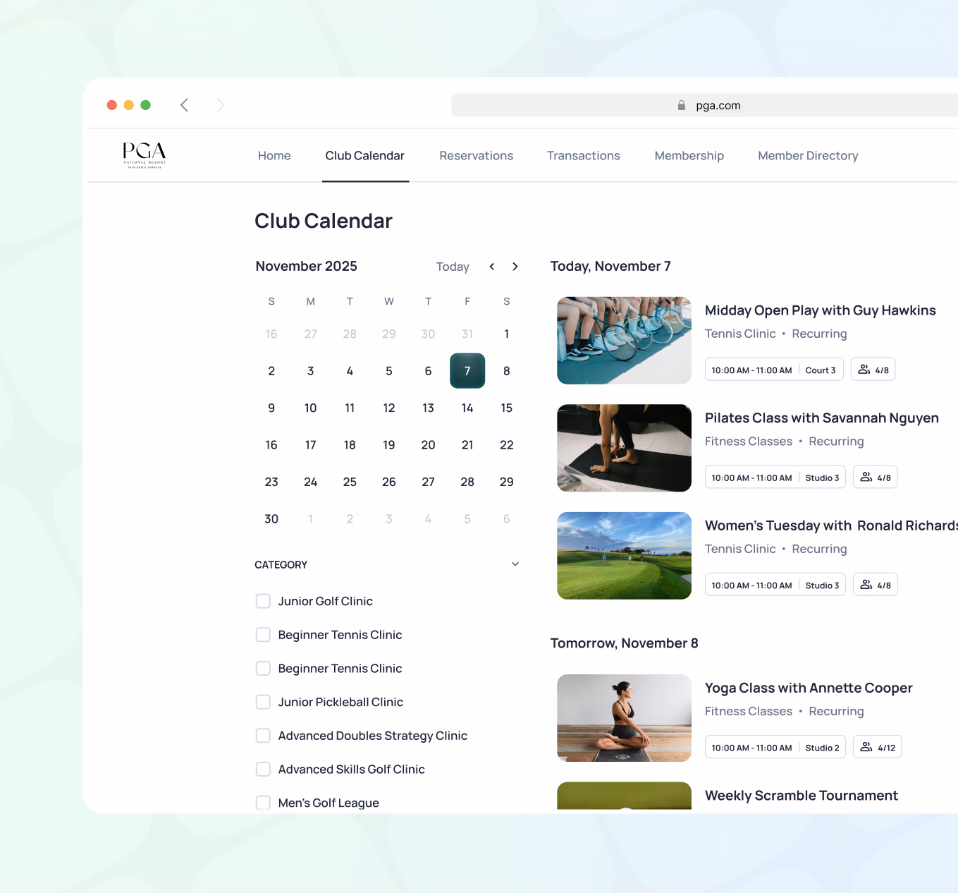 Club Calendar for November 2025 with event listings and category filters for golf clinics, tennis clinics, and pickleball activities