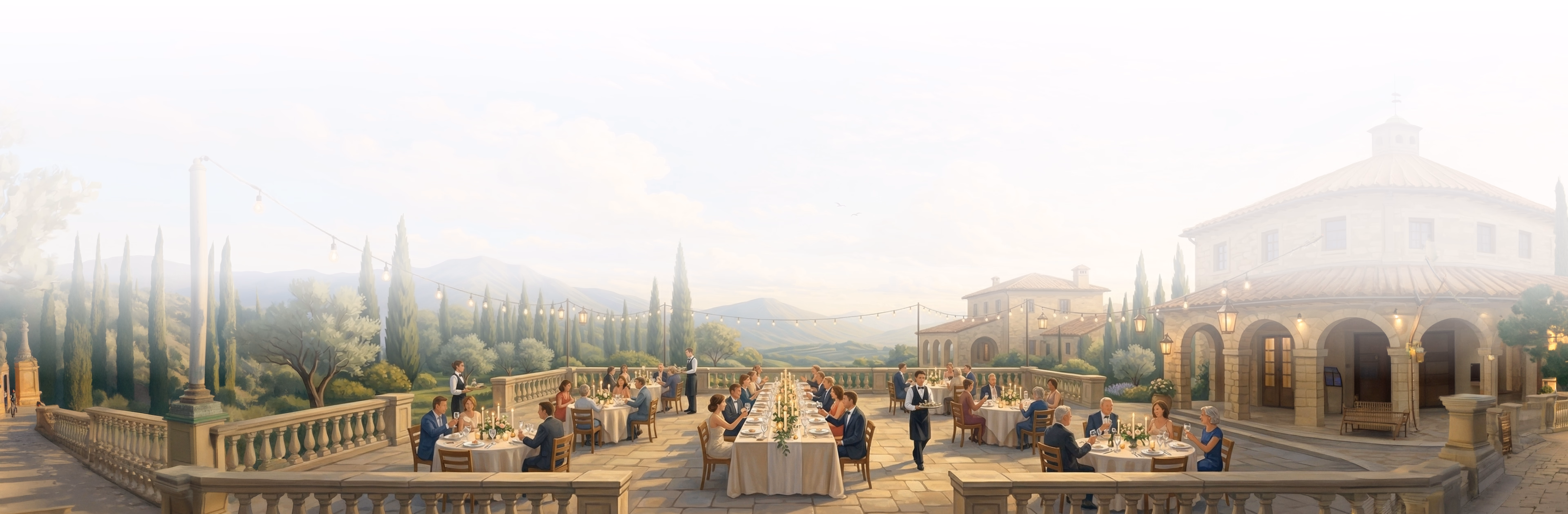 Elegant terrace with cypress trees, classical architecture, and people dining overlooking distant mountains