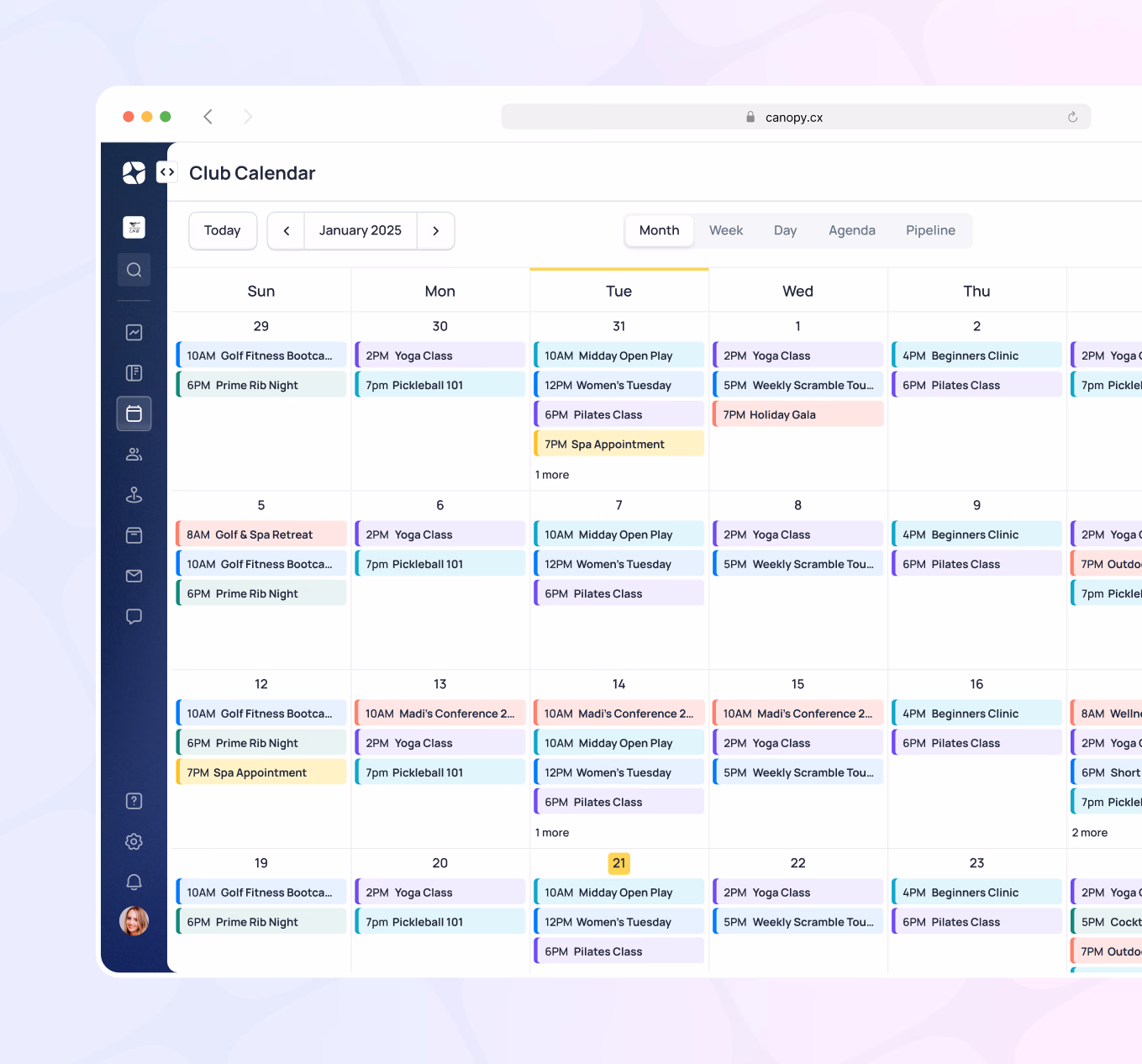 Club Calendar interface showing January 2025 schedule with color-coded events including yoga classes, meetings, and appointments