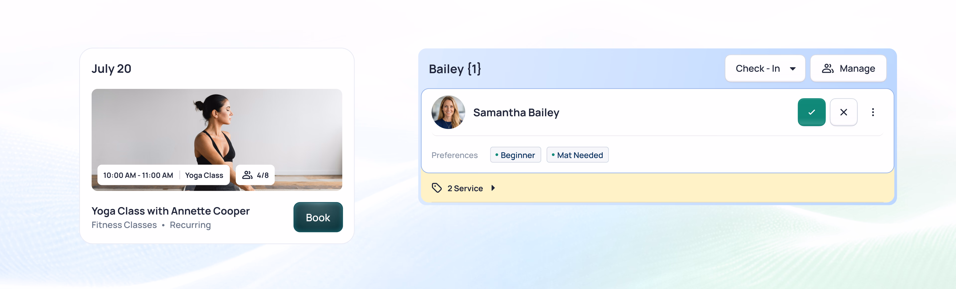 Yoga class with Annette Cooper scheduled for July 20, with a messaging popup showing Samantha Bailey's response