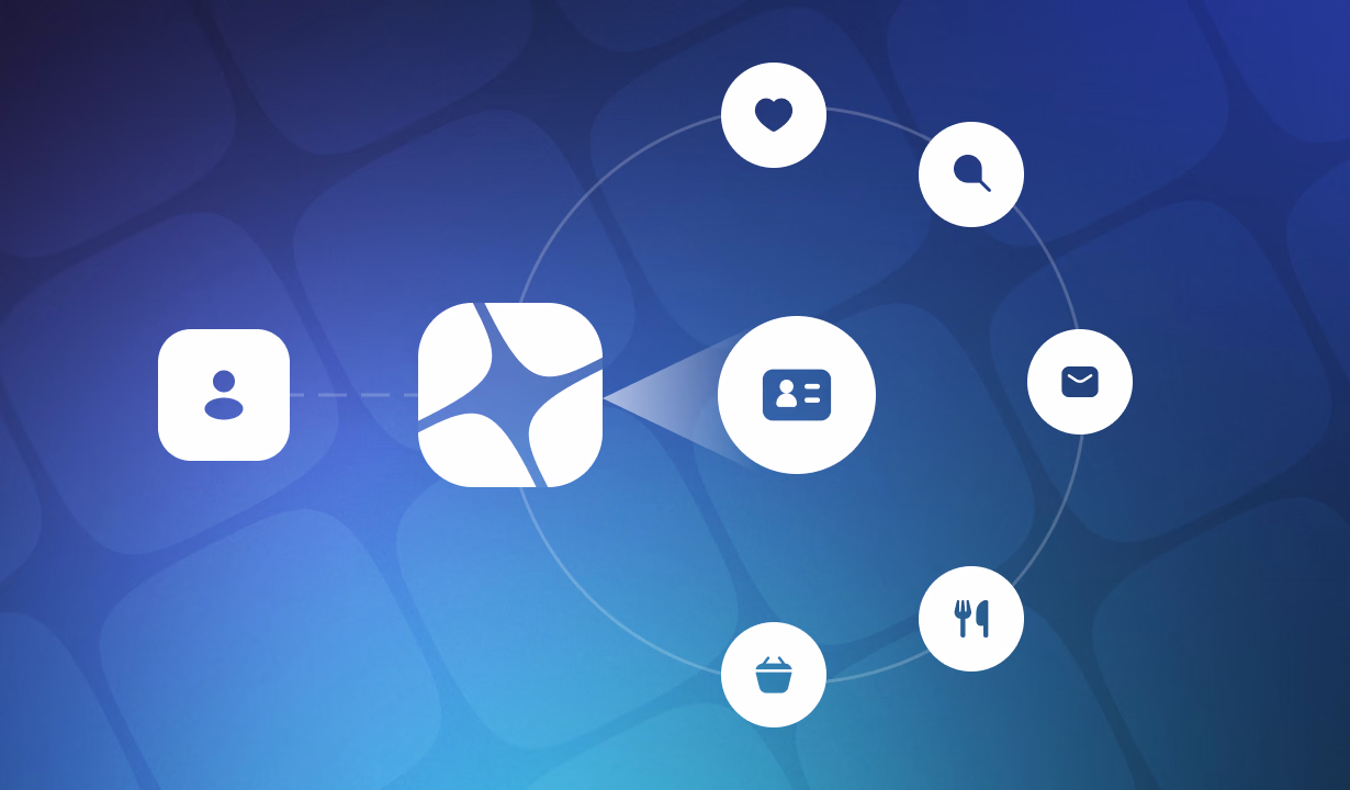 Connected icons representing user profile, apps, messaging, heart, search, food, and utensils on a blue gradient background