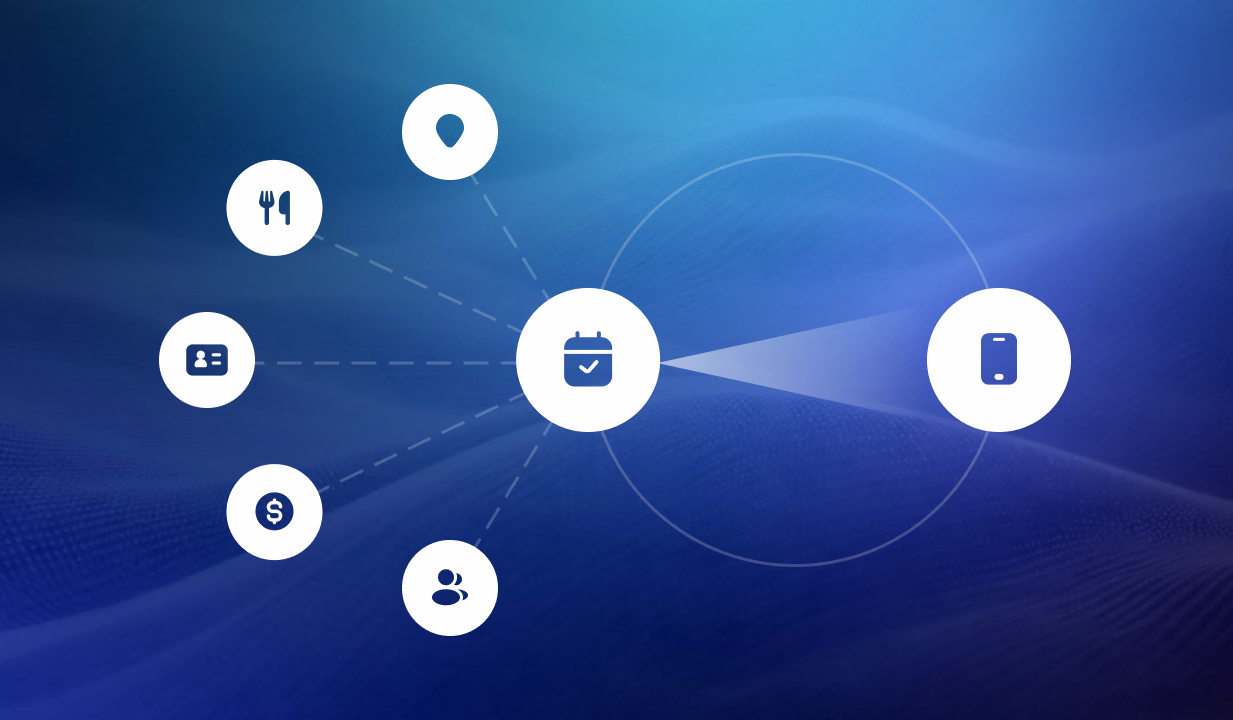 Central checkmark icon connected to surrounding icons representing location, video, settings, wallet, and people on blue background