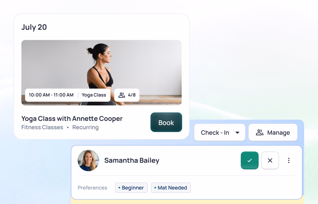 Yoga class booking interface for July 20 with instructor Annette Cooper, showing participant Samantha Bailey marked as confirmed