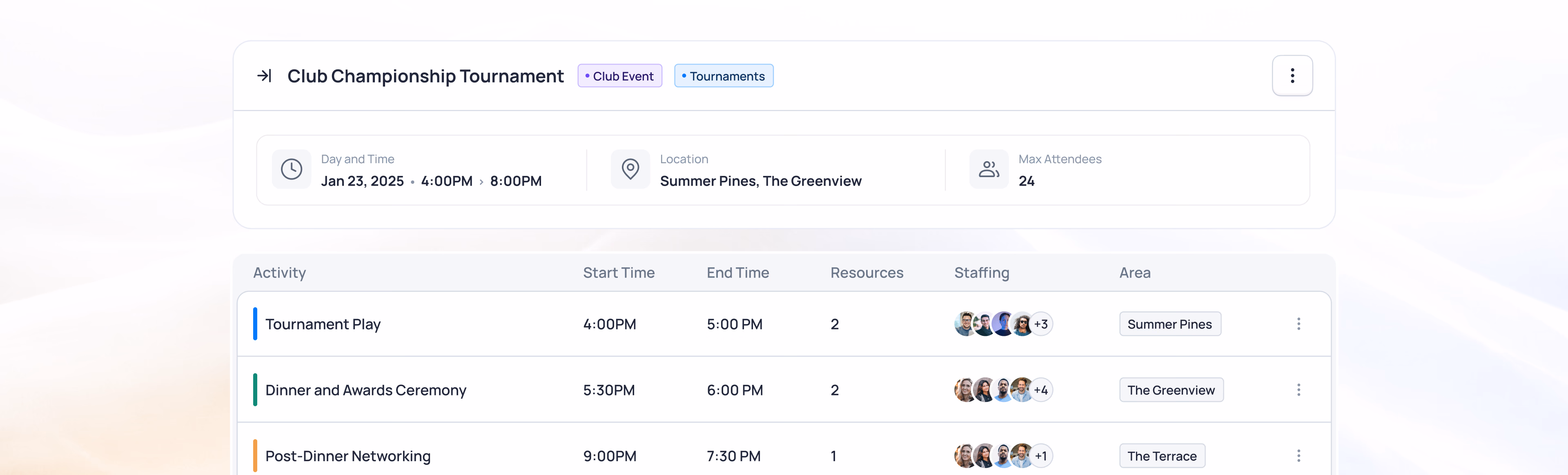 Club Championship Tournament schedule showing three events with times, resources, and pricing for Jan 21, 2025