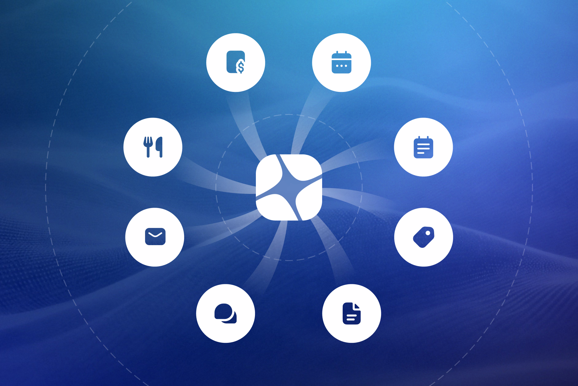 Circle of connected icons representing communication, calendar, dining, messaging, and organization features on blue background