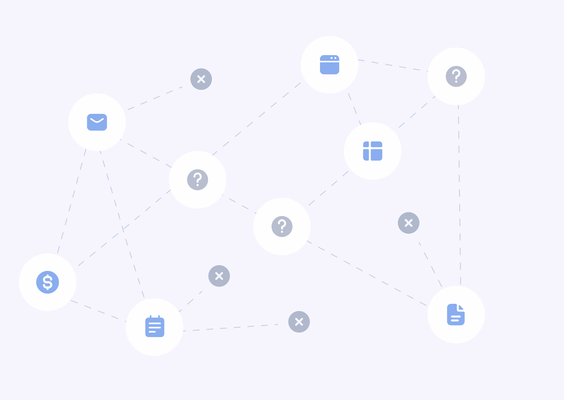 Network diagram showing interconnected nodes with icons representing communication, documents, and financial elements connected by dotted lines
