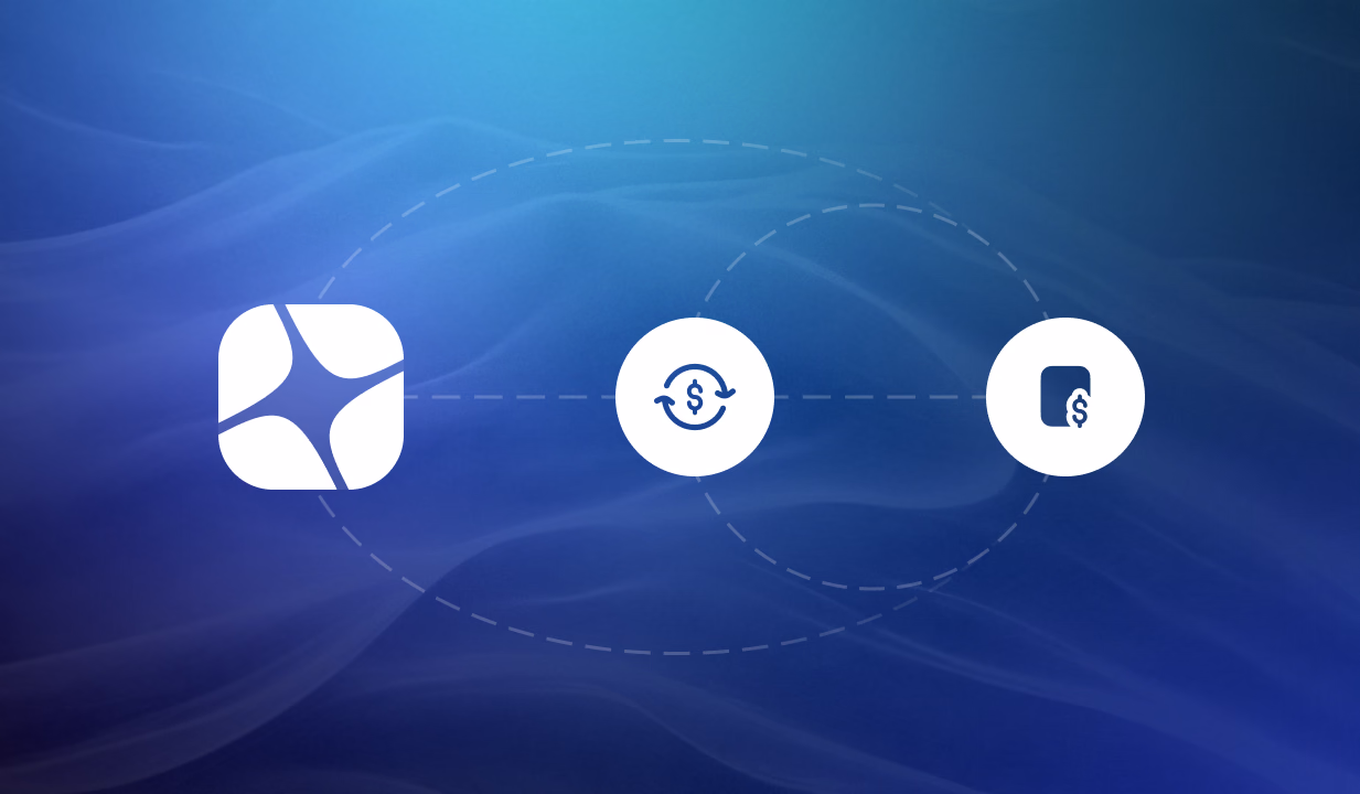 Three connected icons on blue background representing workflow: application, visibility, and user profile symbols