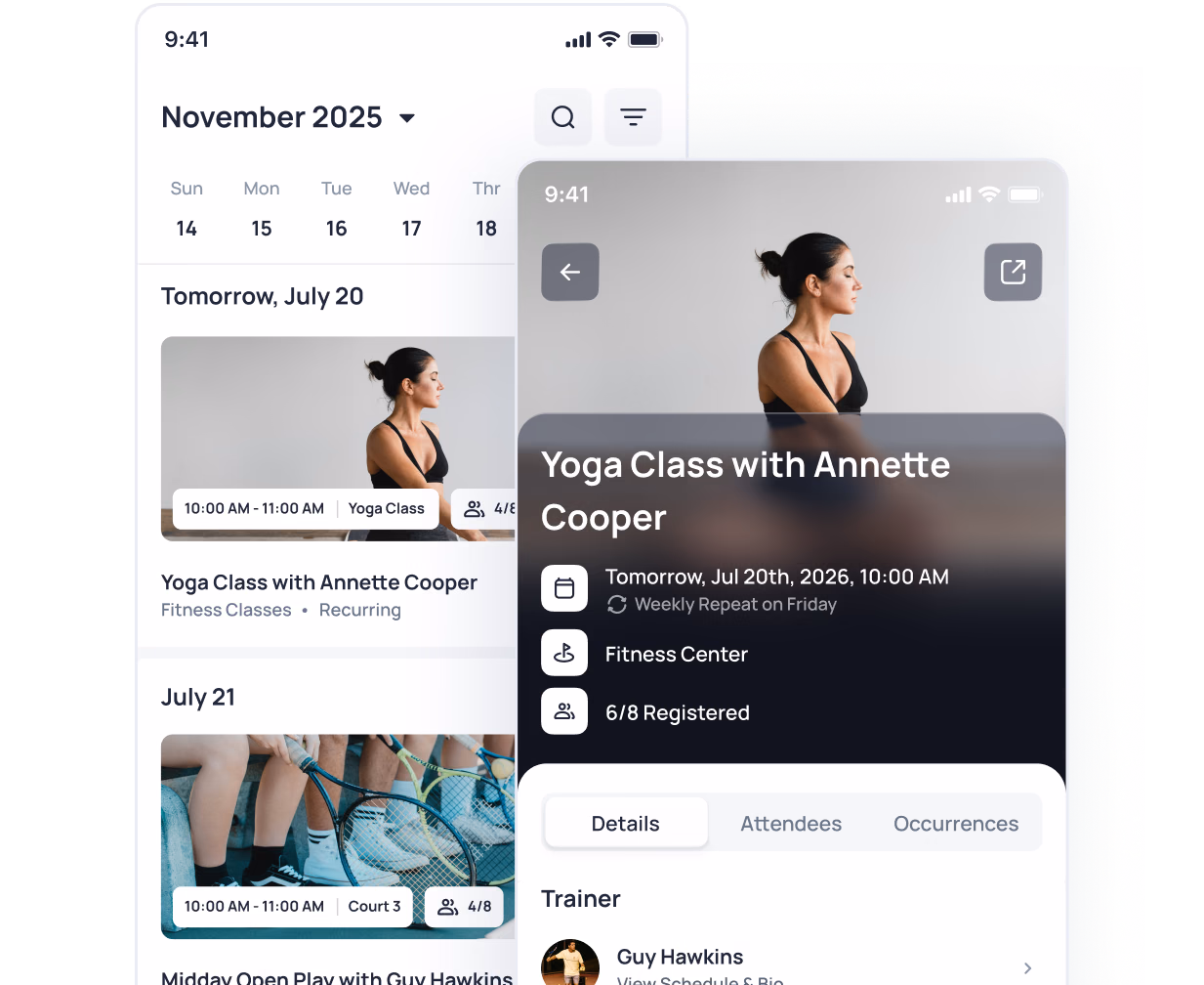 Calendar app showing yoga class details for July 20, 2026 with instructor Guy Hawkins and event information