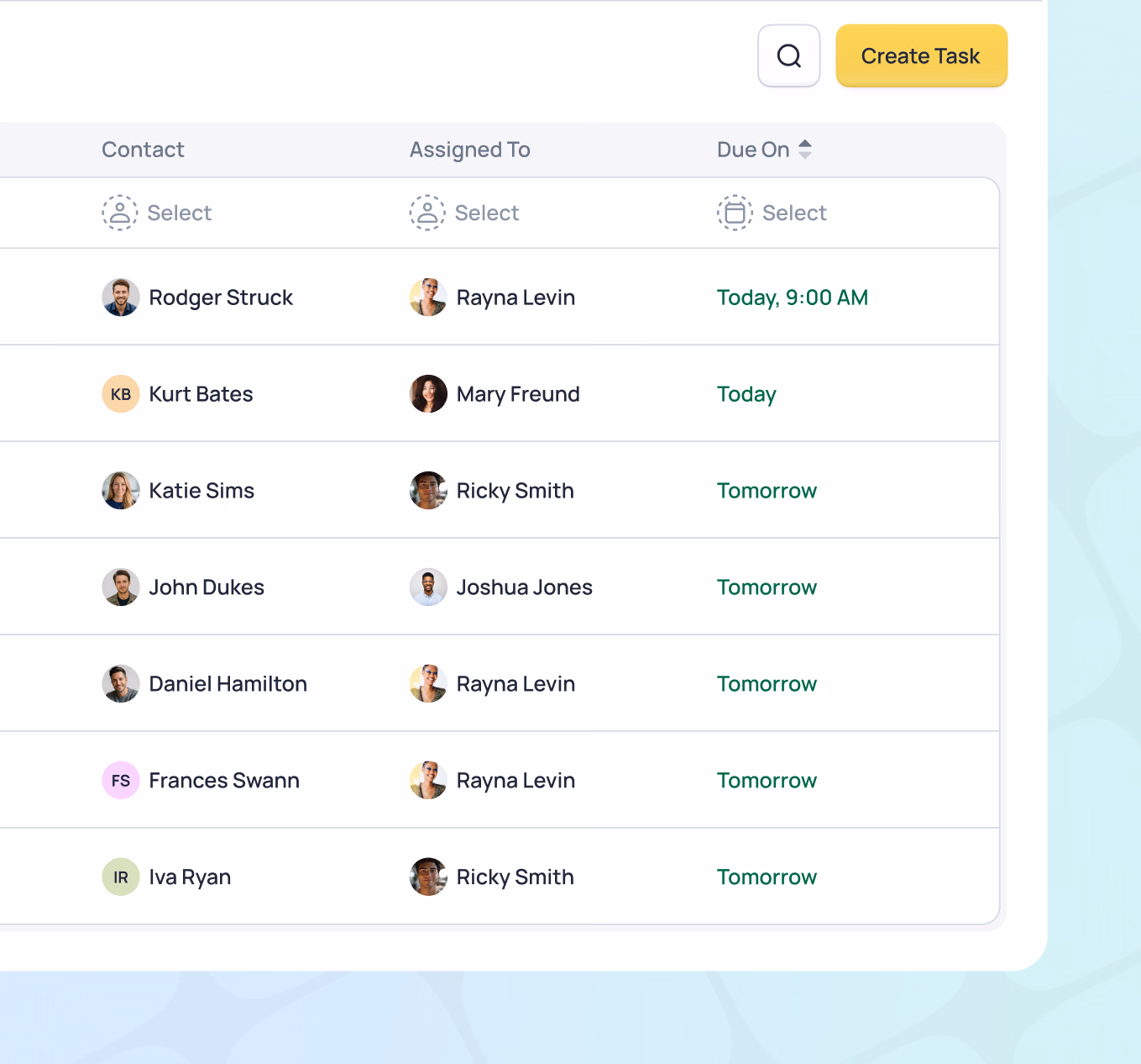 Task management table with contacts, assigned team members, and due dates ranging from today to tomorrow