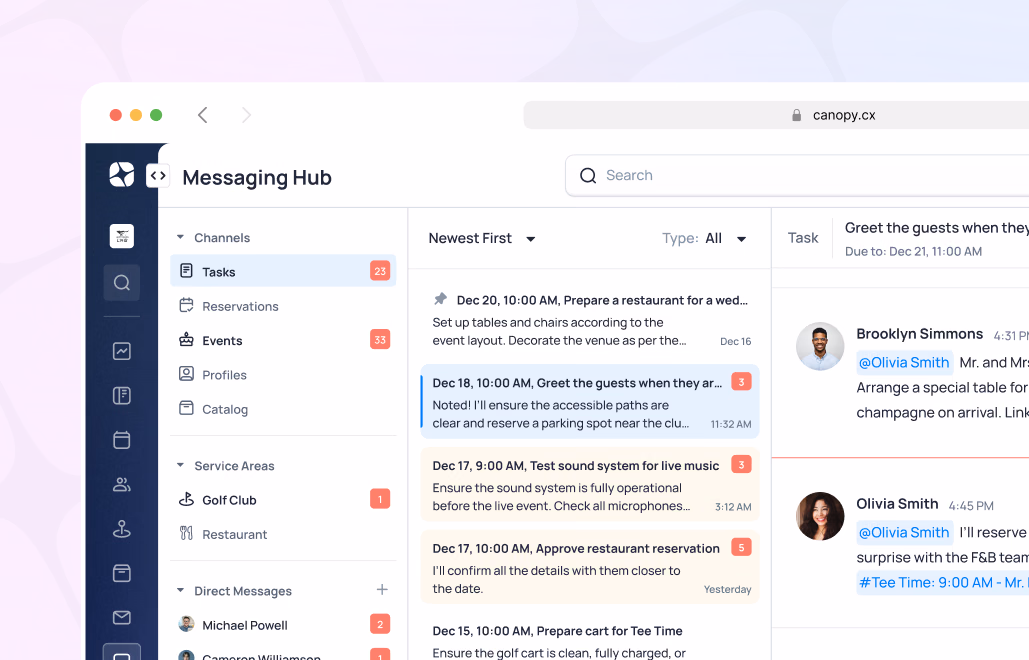 Messaging Hub interface showing channels, tasks, and recent messages with team notifications and event details
