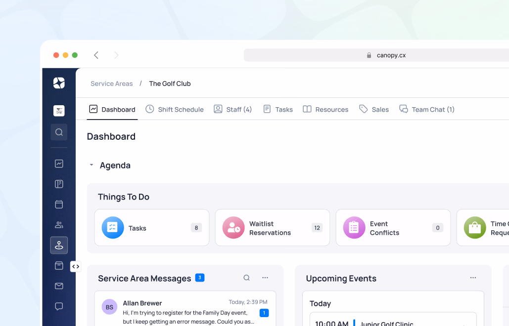 Dashboard view showing Tasks, Waitlist Reservations, Event Conflicts, and Timer Budget widgets with Service Area Messages and Upcoming Events sections