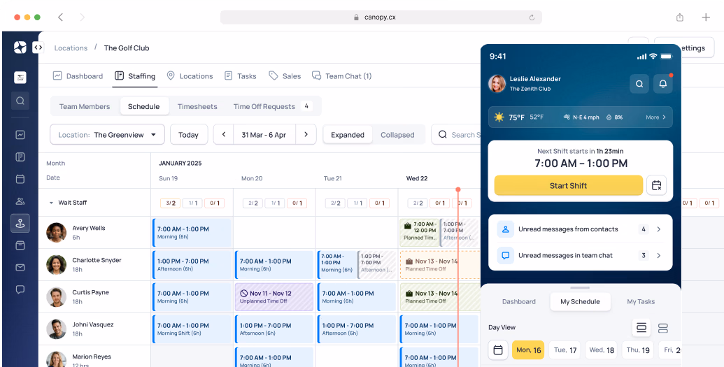 Staff scheduling software showing team calendar, shift assignments, and mobile app interface with 7:00 AM-1:00 PM shift details