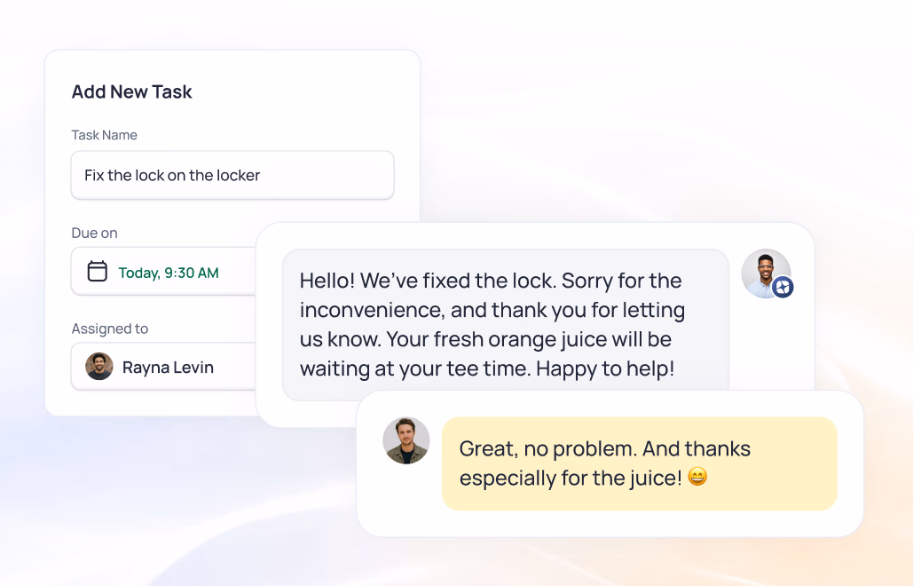 Task management interface showing a new task "Fix the lock on the locker" with chat messages between team members discussing the resolved issue