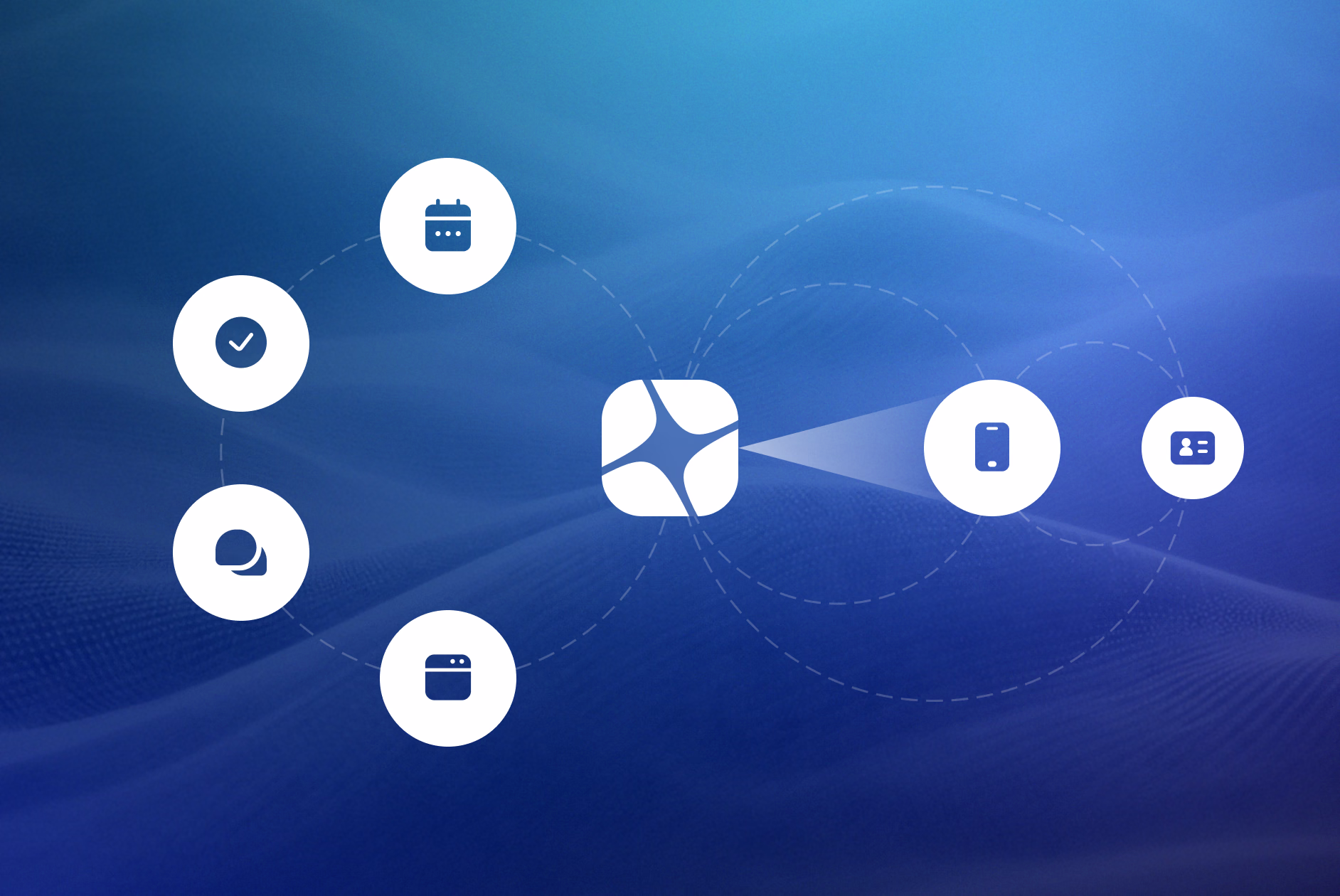 Central hub with connected icons representing calendar, checkmark, profile, briefcase, and mobile device on blue gradient background