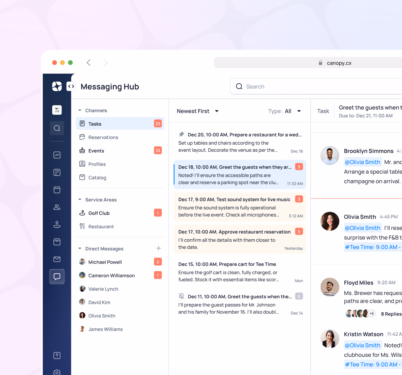 Messaging Hub interface showing channels, tasks, and team conversations with participant avatars and message timestamps